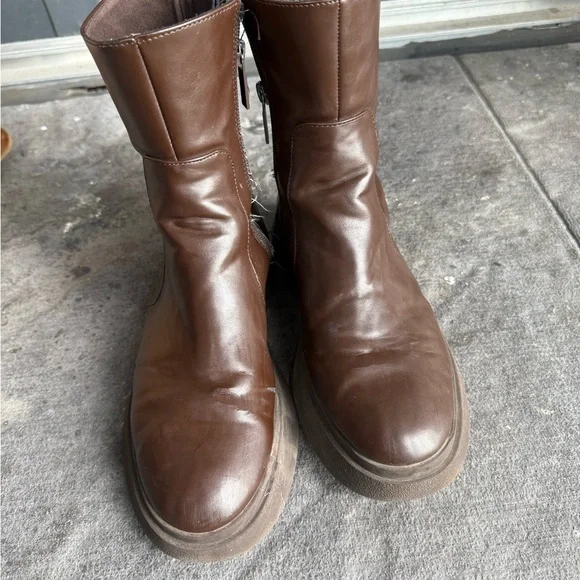 Zara Brown Leather Platform Ankle Boots - Picture 4 of 4